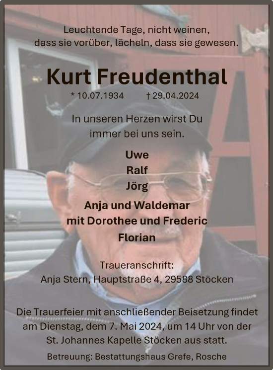 Todesanzeige von Kurt Freudenthal von UEL