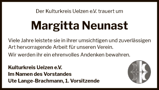 Todesanzeige von Margitta Neunast von UEL