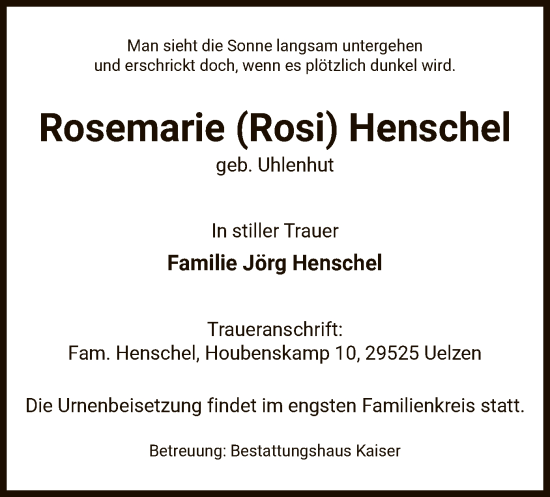 Todesanzeige von Rosemarie  Henschel von UEL