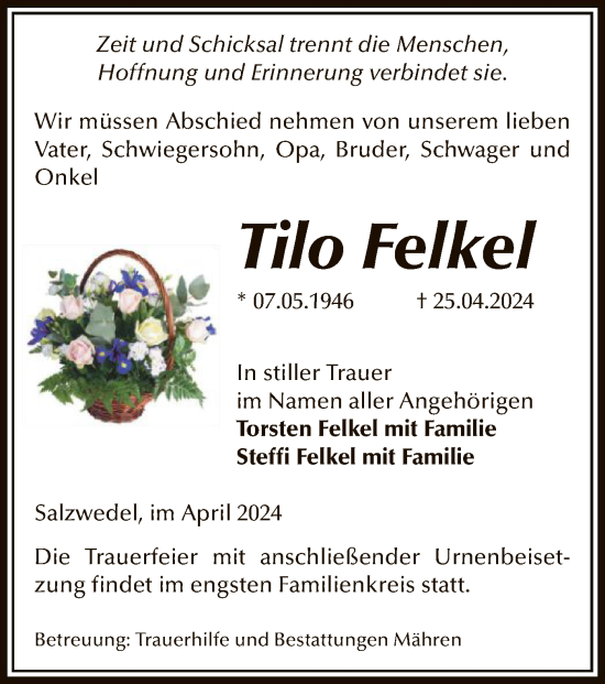 Todesanzeige von Tilo Felkel von UEL
