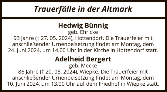 Todesanzeige von Totentafel vom 31.05.2024 von UEL