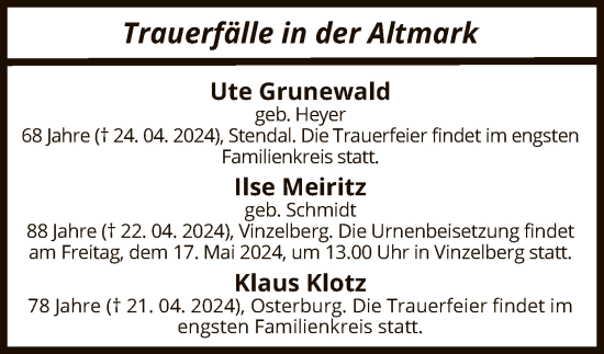 Todesanzeige von Trauerfälle in der Altmark von UEL