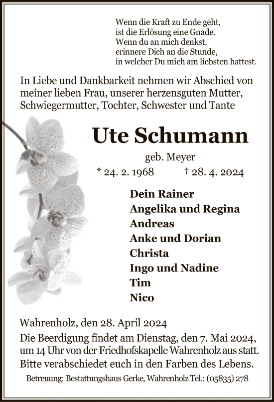 Todesanzeige von Ute Schumann von UEL