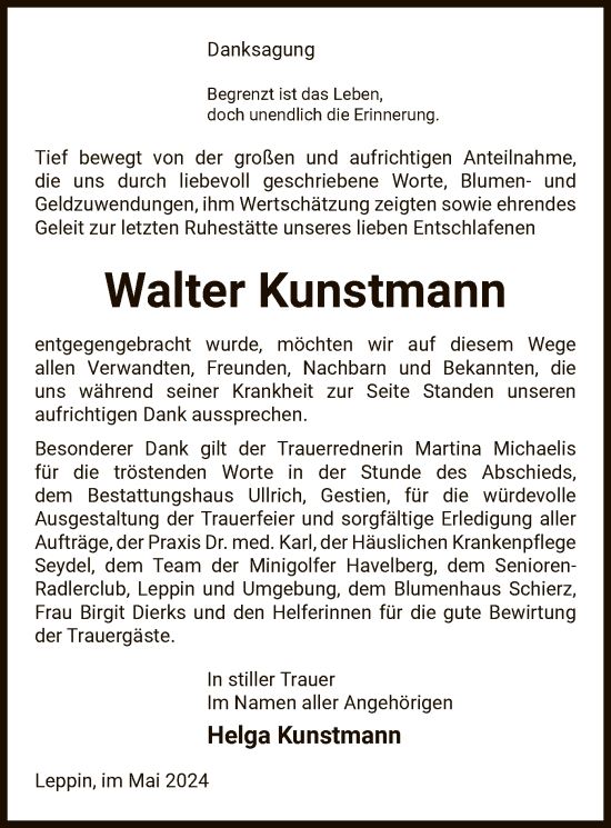 Todesanzeige von Walter Kunstmann von UEL