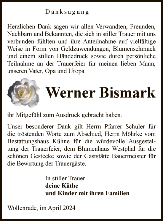 Todesanzeige von Werner Bismark von UEL