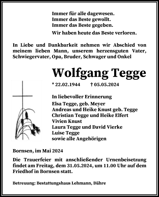 Todesanzeige von Wolfgang Tegge von UEL