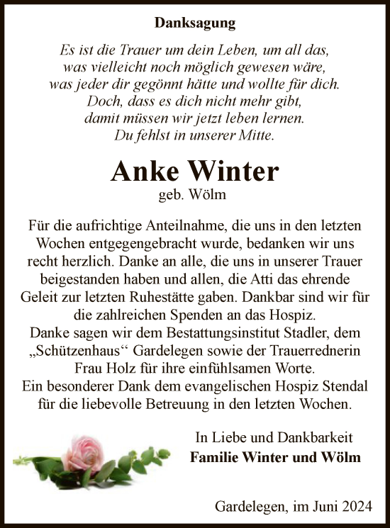 Todesanzeige von Anke Winter von UEL