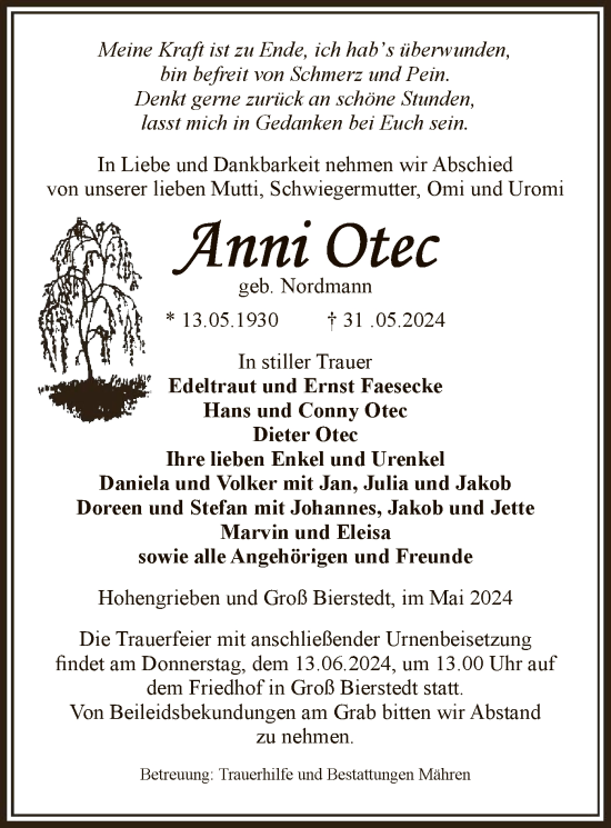 Todesanzeige von Anni Otec von UEL