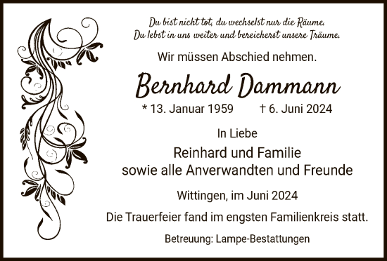 Todesanzeige von Bernhard Dammann von UEL