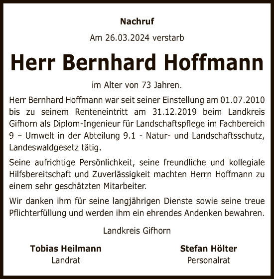 Todesanzeige von Bernhard Hoffmann von UEL