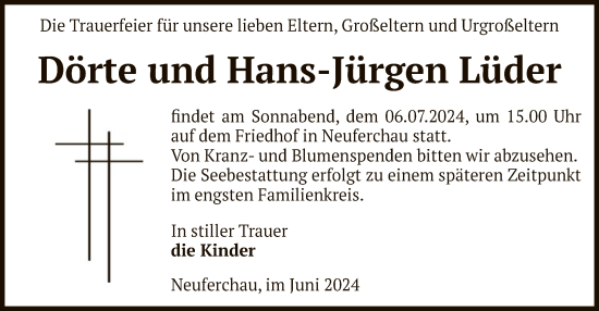 Todesanzeige von Dörte und Hans-Jürgen Lüder von UEL