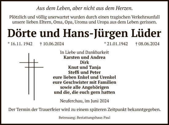 Todesanzeige von Dörte und Hans-Jürgen Lüder von UEL