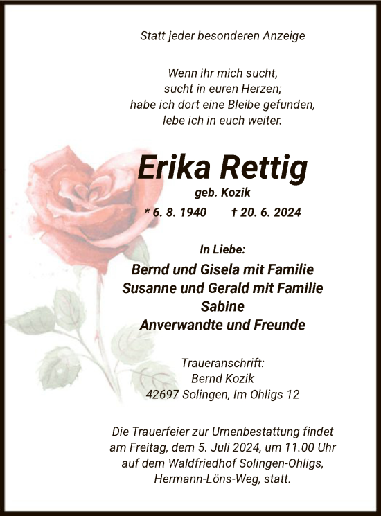 Todesanzeige von Erika Rettig von UEL