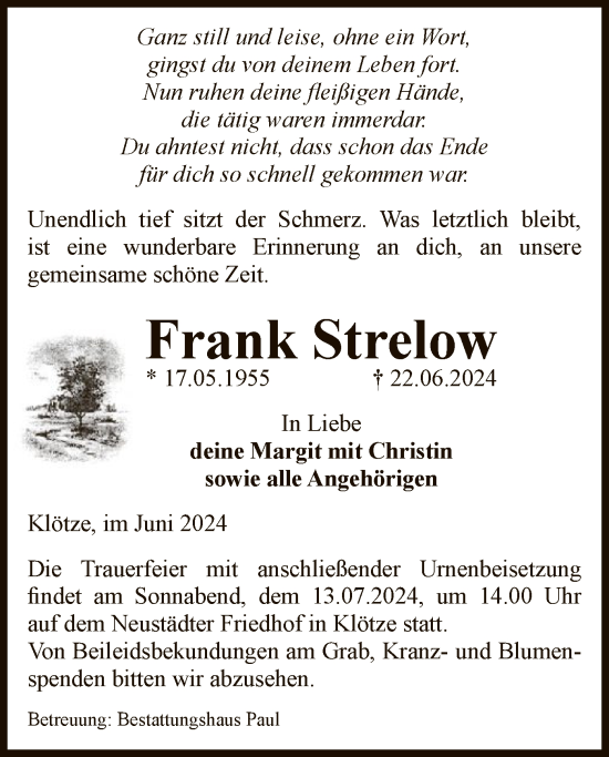 Todesanzeige von Frank Strelow von UEL
