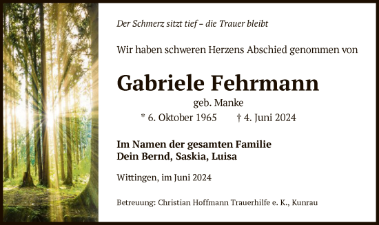 Todesanzeige von Gabriele Fehrmann von UEL