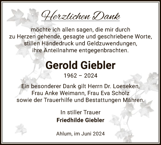 Todesanzeige von Gerold Giebler von UEL