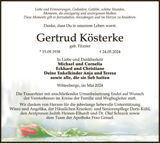 Todesanzeige von Gertrud Kösterke von UEL