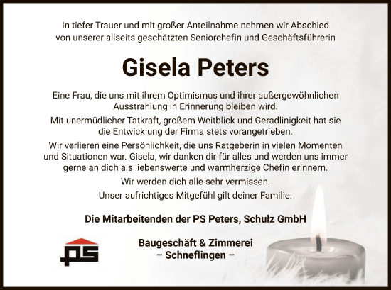 Todesanzeige von Gisela Peters von UELUEL