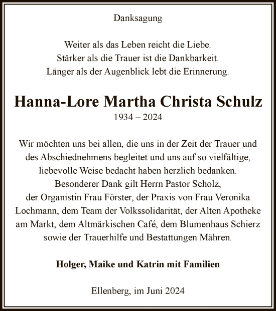 Todesanzeige von Hanna-Lore Martha Christa Schulz von UEL