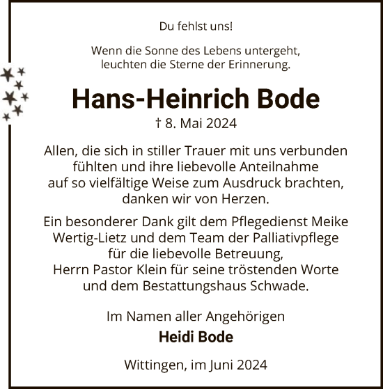 Todesanzeige von Hans-Heinrich Bode von UEL