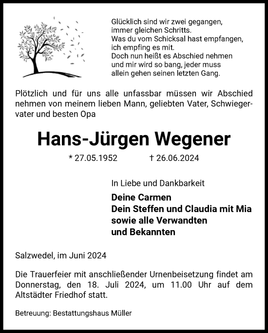 Todesanzeige von Hans-Jürgen Wegener von UEL