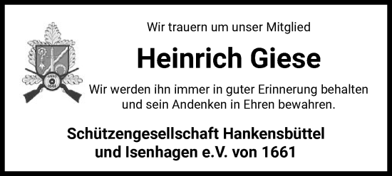 Todesanzeige von Heinrich Giese von UEL