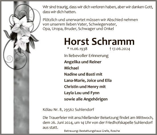 Todesanzeige von Horst Schramm von UEL