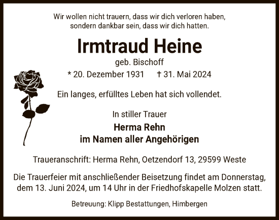 Todesanzeige von Irmtraud Heine von UEL