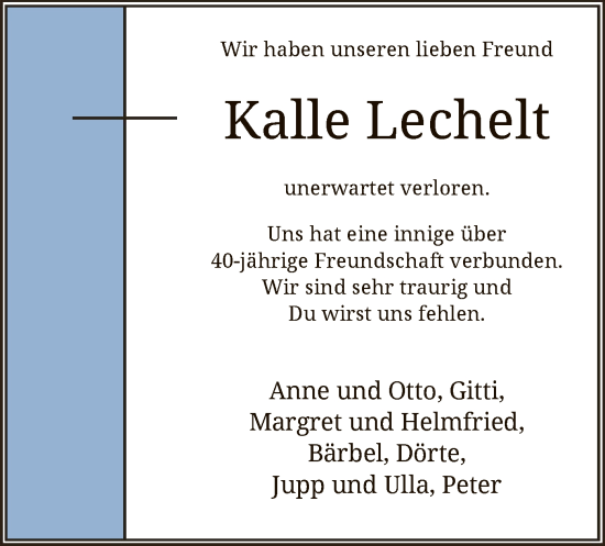 Todesanzeige von Kalle Lechelt von UEL