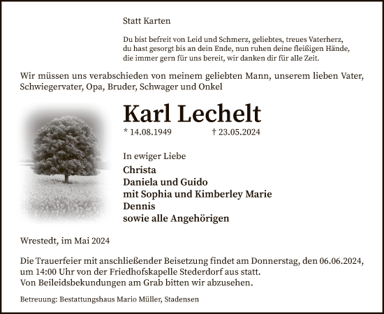 Todesanzeige von Karl Lechelt von UEL