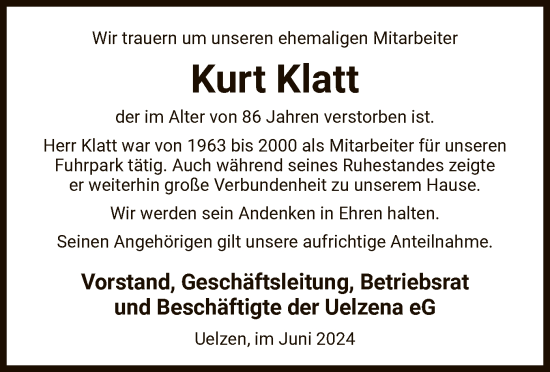 Todesanzeige von Kurt Klatt von UEL