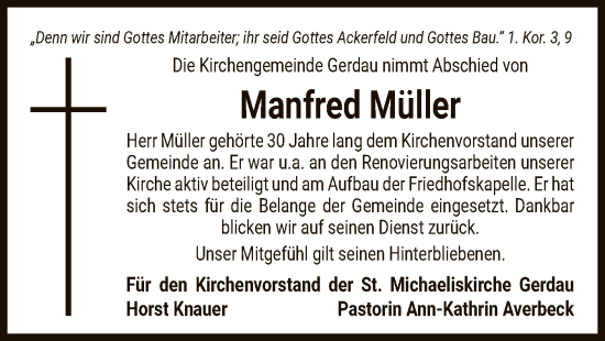 Todesanzeige von Manfred Müller von UEL