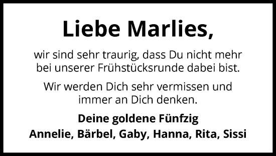 Todesanzeige von Marlies  von UEL
