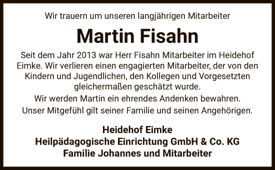 Todesanzeige von Martin Fisahn von UEL