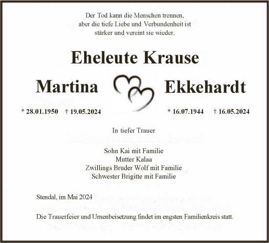 Todesanzeige von Martina und Ekkehardt Krause von UEL