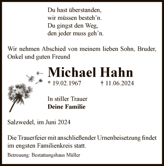 Todesanzeige von Michael Hahn von UEL