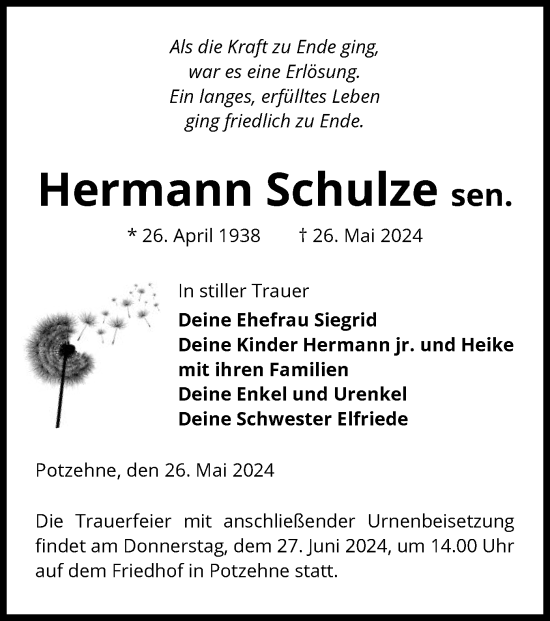 Todesanzeige von sen Hermann Schulze von UEL