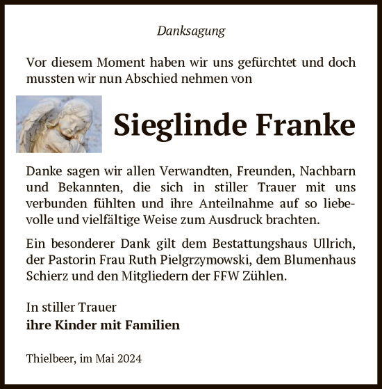 Todesanzeige von Sieglinde Franke von UEL