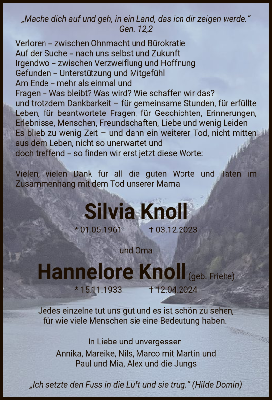 Todesanzeige von Silvia udn Hannelore Knoll von UEL