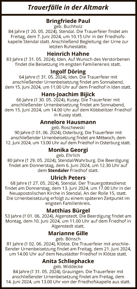 Todesanzeige von Sterbetafel vom 06.06.2024 von UEL