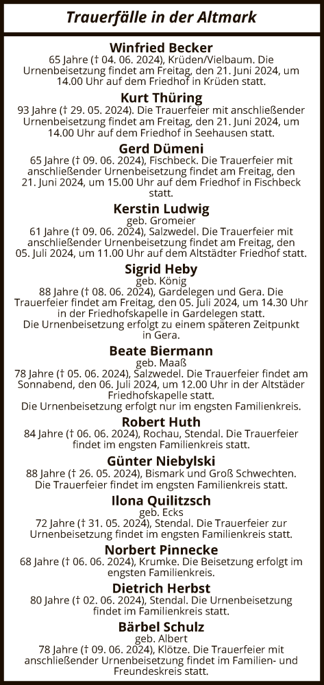 Todesanzeige von Sterbetafel vom 17.06.2024 von UEL