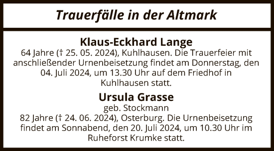 Todesanzeige von Totentafel vom 28.06.2024 von UEL