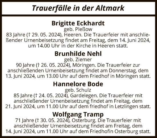 Todesanzeige von Trauerfälle in der Altmark von UEL