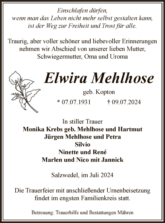 Todesanzeige von Elwira Mehlhose von UEL