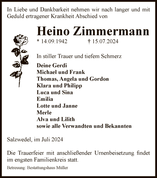 Todesanzeige von Heino Zimmermann von UEL
