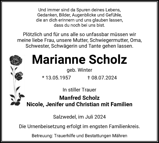 Todesanzeige von Marianne Scholz von UEL