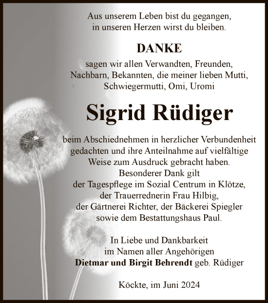 Todesanzeige von Sigrid Rüdiger von UEL