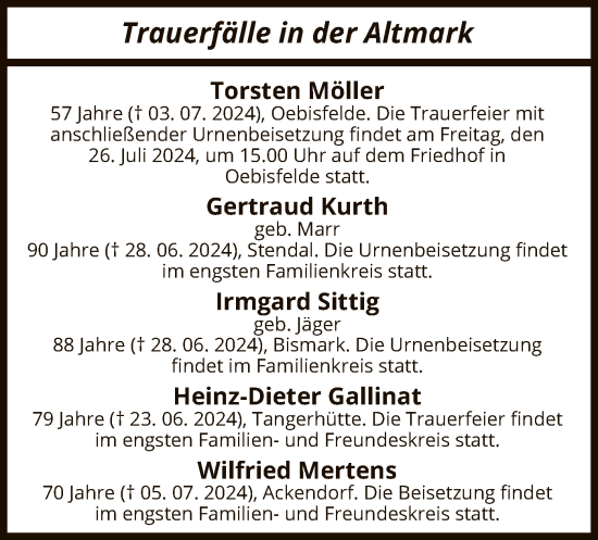 Todesanzeige von Sterbetafel vom 10.07.2024 von UEL