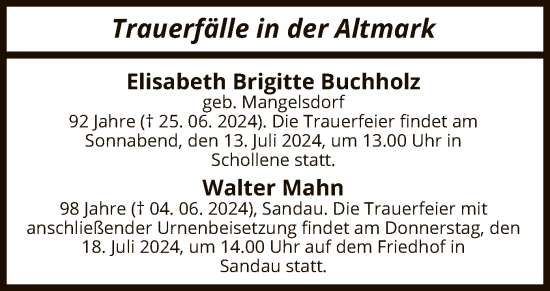 Todesanzeige von Sterbetafel vom 11.07.2024 von UEL