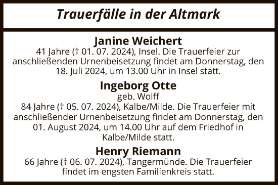 Todesanzeige von Totentafel vom 12.07.2024 von UEL